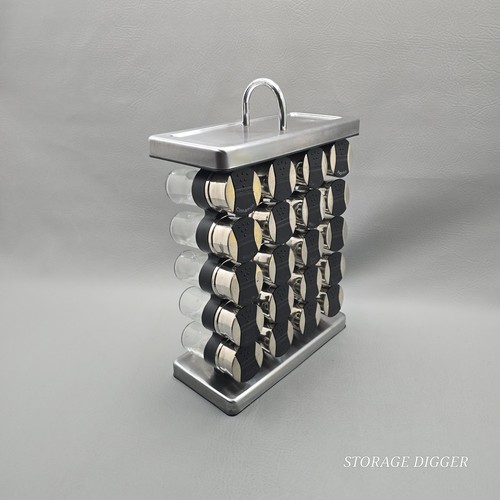 Metal Standing Rack 15" Tall with 20 Clear Glass Spices Jars, with Handle
