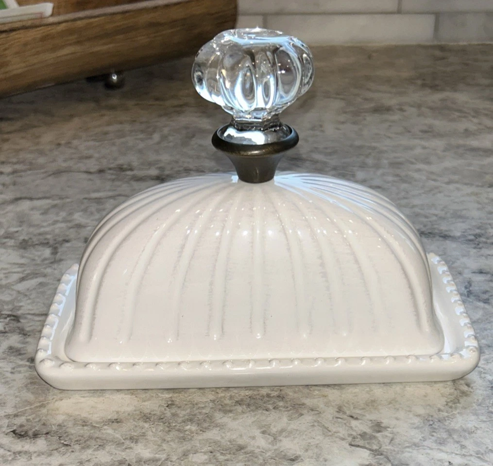 Mud Pie Farmhouse Fancy Door Knob Handle Lidded Butter Dish White Ceramic Rustic