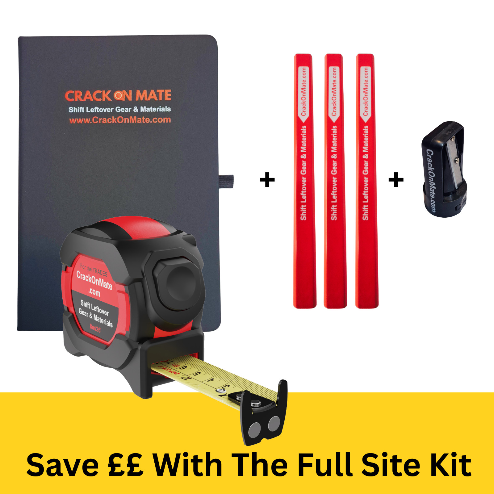 8m Tape Measure + 1 Notebook + 3 Carpenters Pencils + 1 Sharpener - Saver Bundle