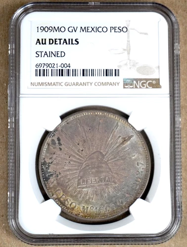 MEXICO 1909 MO GV SILVER PESO NGC AU DETAILS, STAINED 021004