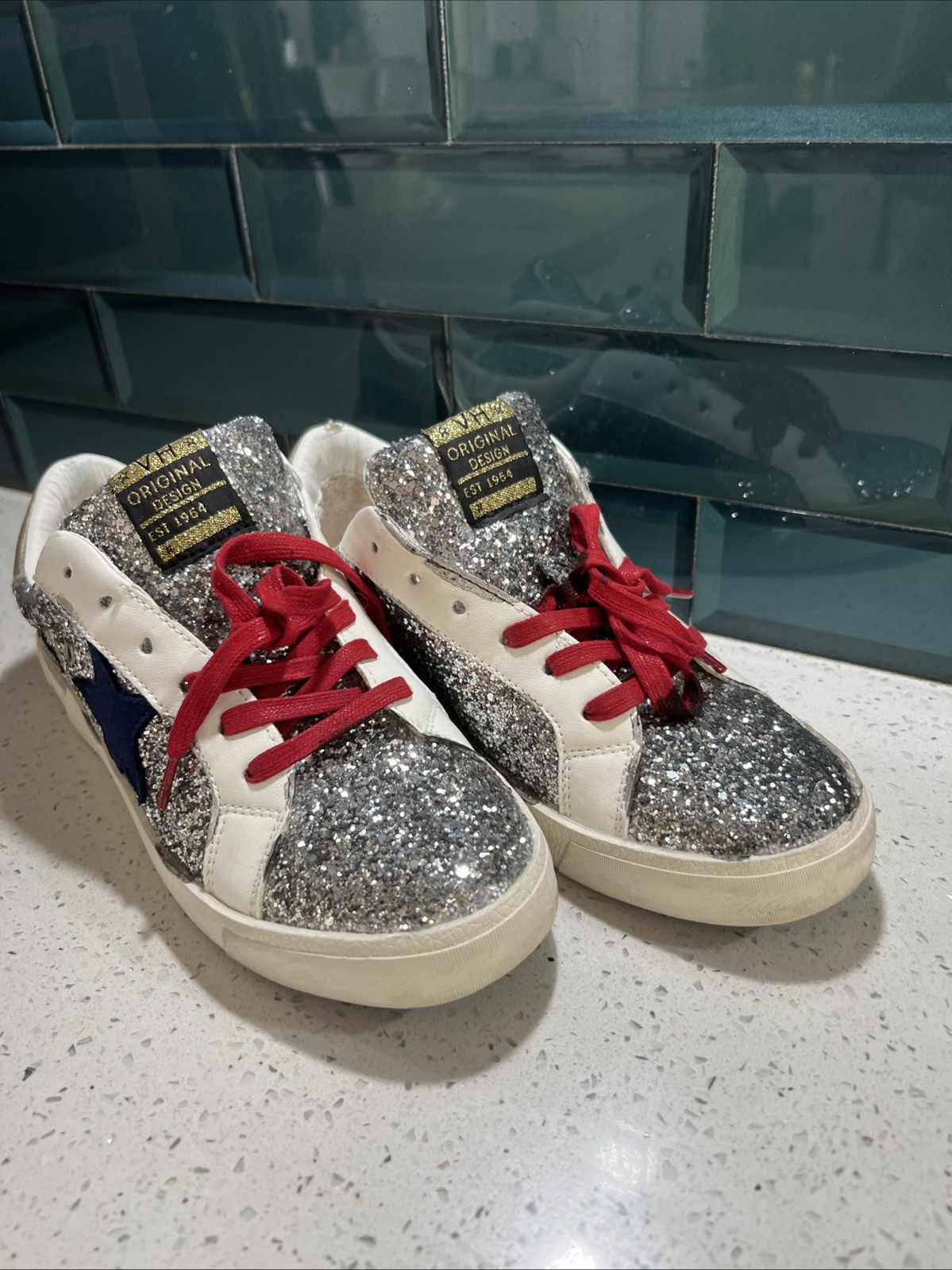 Rare Vintage Havana Silver Glitter Lace Up Off White Sneakers Casual Shoes 8 image 3