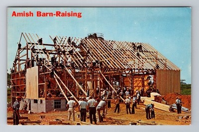 Lancaster PA-Pennsylvania, Greetings, Amish Barn Raising, Vintage Postcard