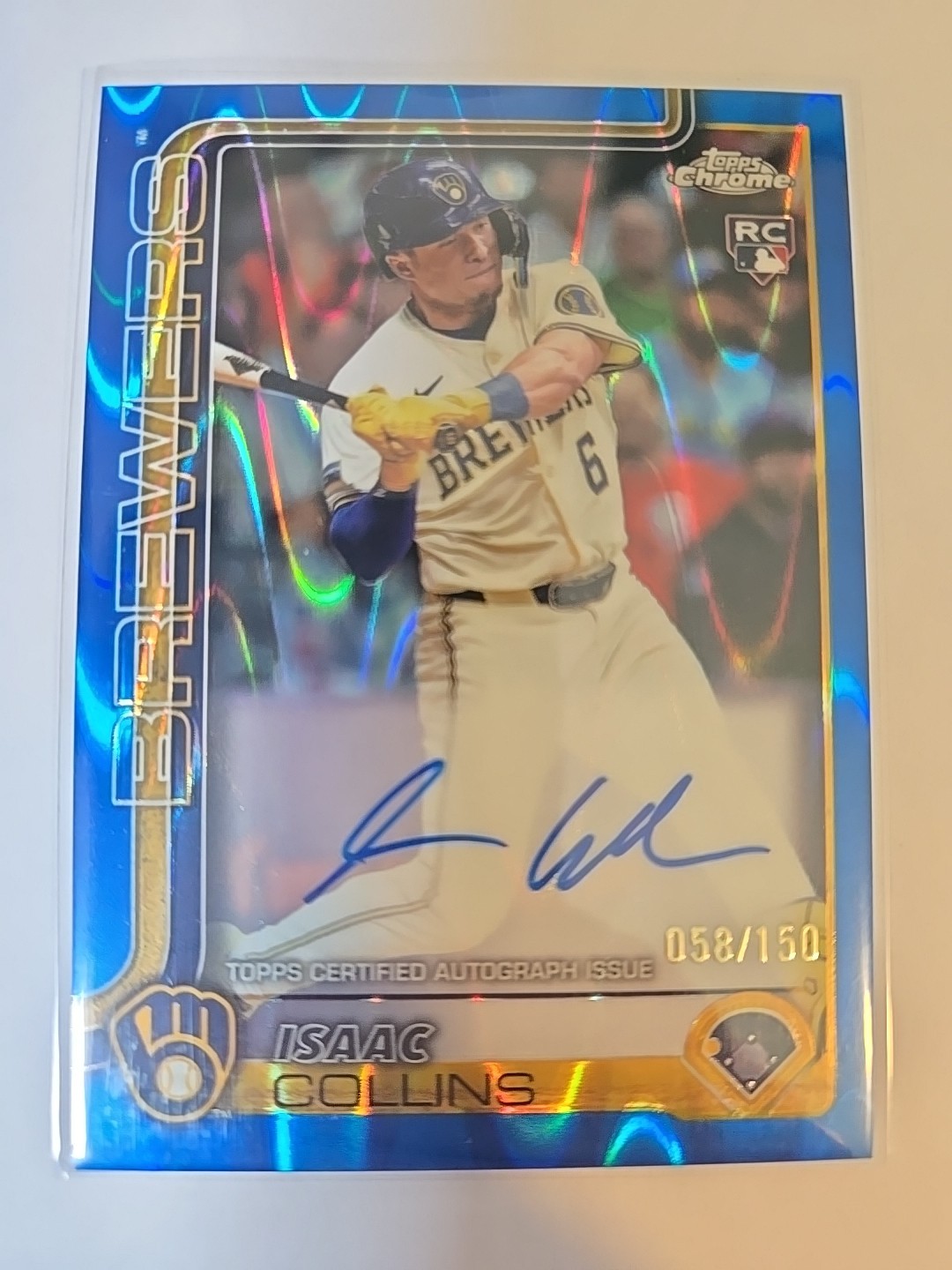 2025 Topps Chrome Isaac Collins Rookie Auto Blue RayWave Refractor #rd 58/150