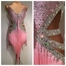 Pink Latin Ballroom Dance Dress Crystal Rhinestones Fringe Competition Costume
