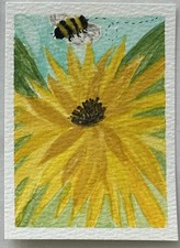 Quadro originale ACEO, mini acquerello artistico, fiore e ape