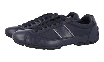 PRADA SNEAKER SCHUHE 4E2854 BLAU LINEA ROSSA ROTER STREIFEN LEDER 6,5 40,5