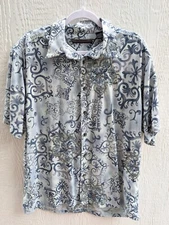 Axis 100% Silk Blue Embroidered Boho Summer Short Sleeve Button Up Shirt Men's L