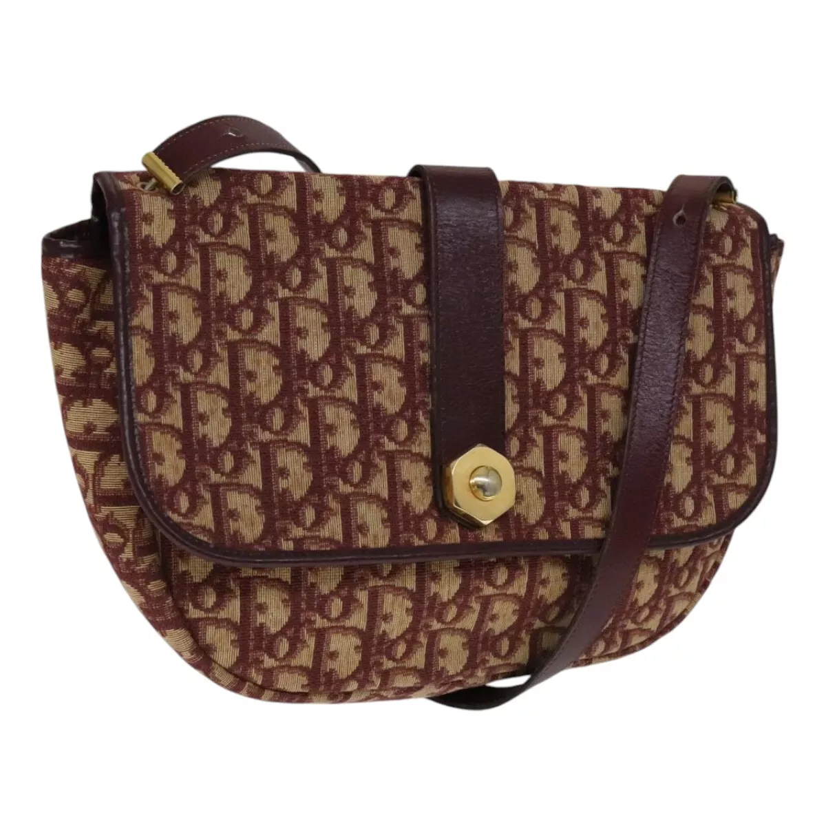 Sac bandoulière toile Christian Dior trotteur vin rouge or authentique 111103