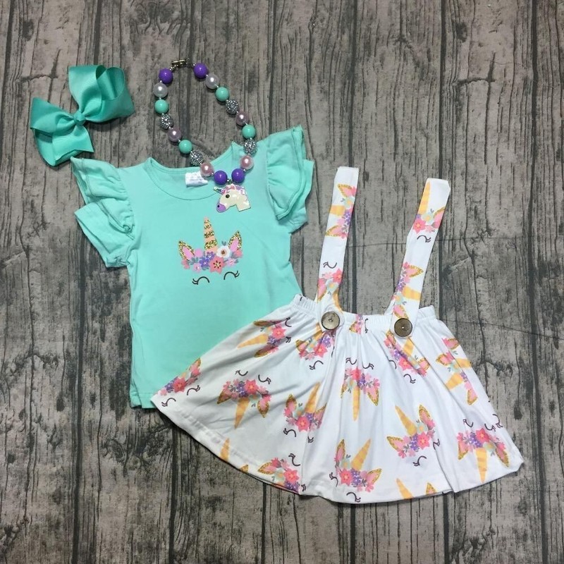 NEW Boutique Unicorn Suspender Skirt Girls Outfit Set 6-7