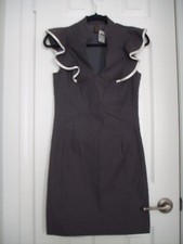Lovely Day Keyhole Decollete Bodycon Dress Grey Ruffle Sleeves Contrast Trim S 2
