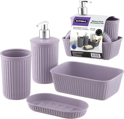 Superio Ribbed Collection - Plastic Bathroom Accessories Set, Lilac (Set of 4)