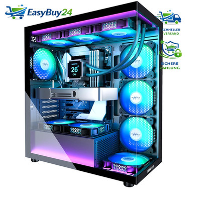 PC Gehäuse ATX Mid Tower Schwarz mit 7 PWM ARGB-Lüftern und Panoramadoppelglas