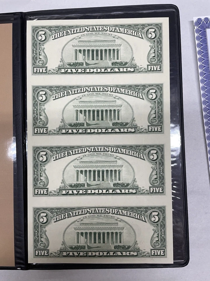 1995 $5 Federal Reserve Notes Uncut Sheet of 4 With Nice Holder And Certificate - Image 3 of 4