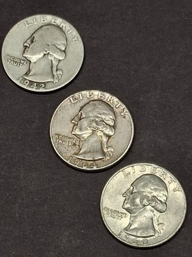 3) In Lot 90% Silver Quarters 1964,1960,1942 G-Vg+ USA Coin See Pics