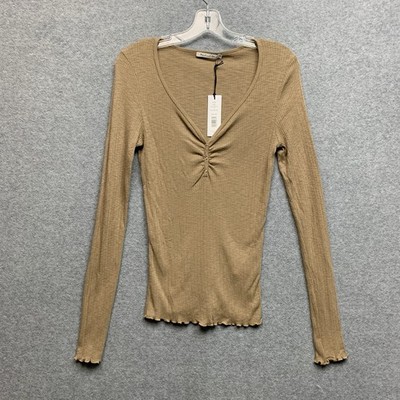 Michael Stars Top Casey Henley Tee Rhodes Rib Safari Tan OS Lettuce Trim Y2K