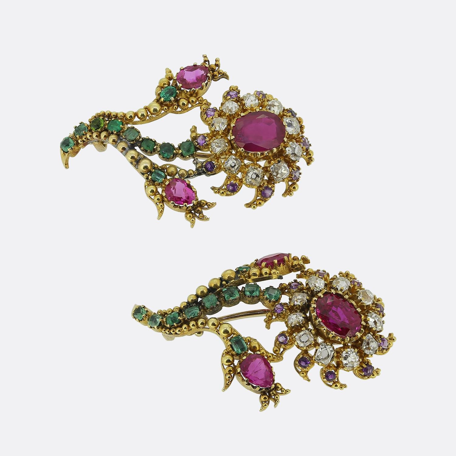 Antique Burmese Ruby and Multi Gemstone Flower Br… - image 3