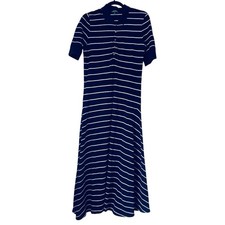 Lauren Ralph Lauren Dress Polo Maxi L Navy Stripe Gold Button Nautical Old Money