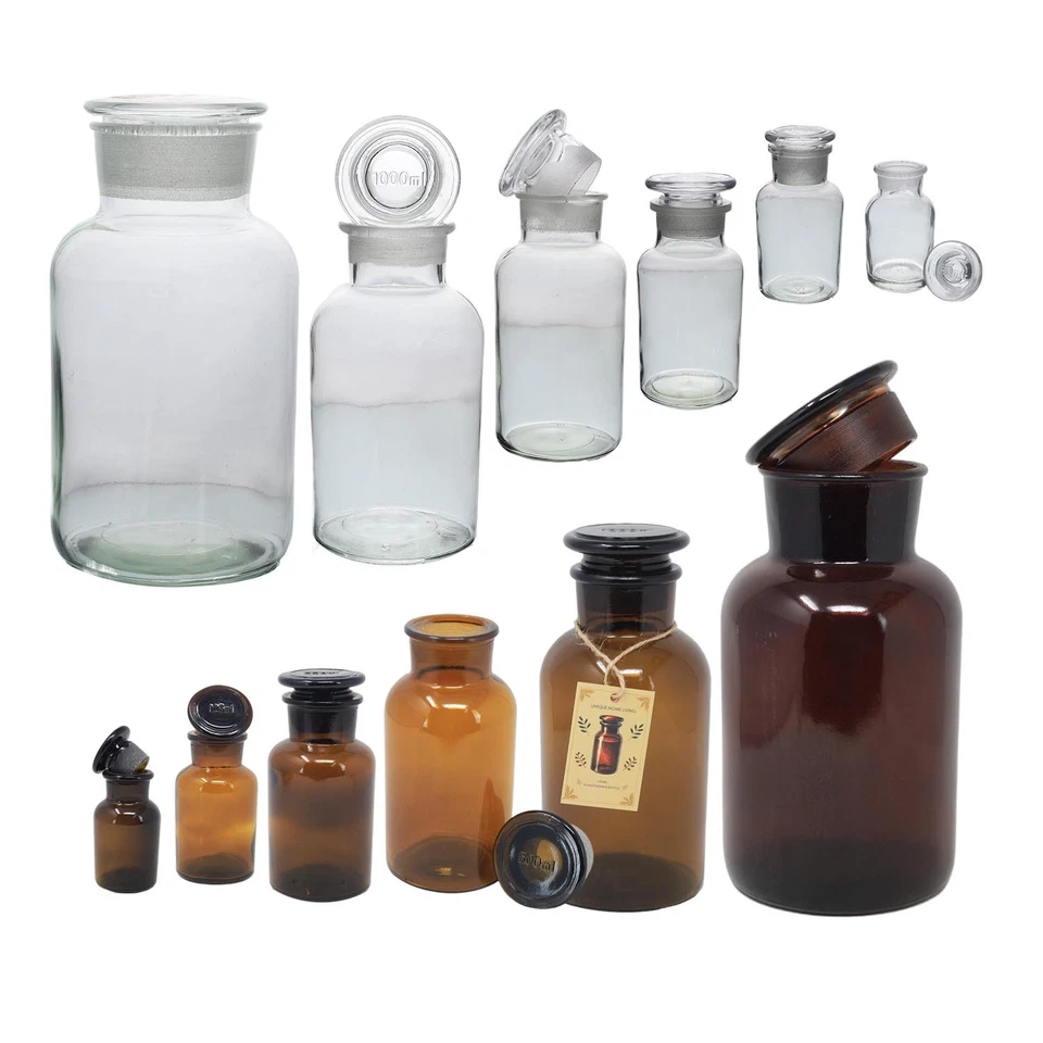 UNIQUE HOME LIVING Apothecary Bottles Amber Clear Glass Oil Lotion Regeant Essence Storage Jar Lid