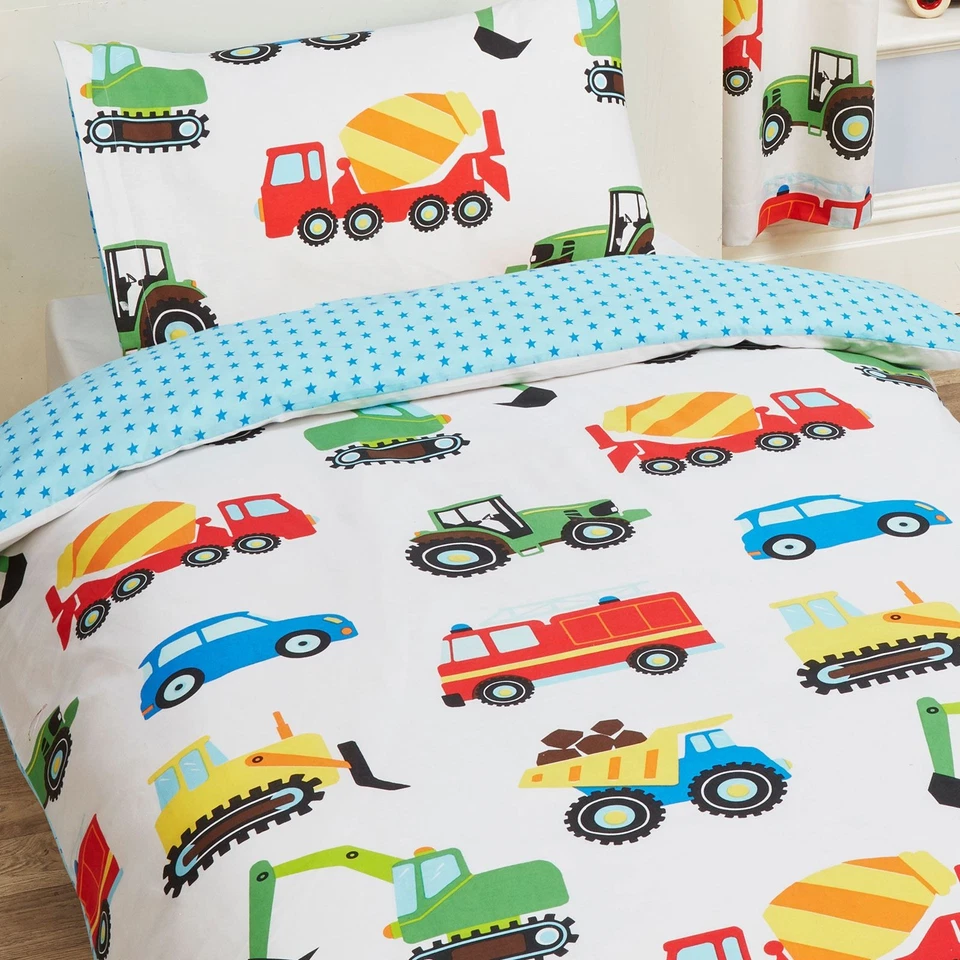 Trucks & Single Duvet Cover Set Cars Fire Engine Boys - 2 in 1 Design