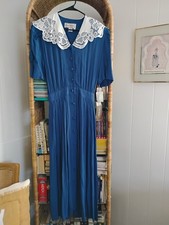 Nwts Vintage 90s Karin Stevens Blue Rayon Cottagecore Dress Lace Collar Size 10