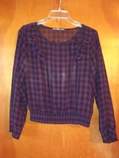 Vtg 90's Dark Academia Sheer Purple Plaid Cropped Ruffle Blouse