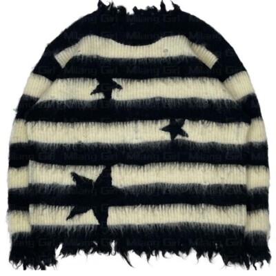 Loose Autumn Winter Star Striped Knitted Sweater Men Women Faux Fur