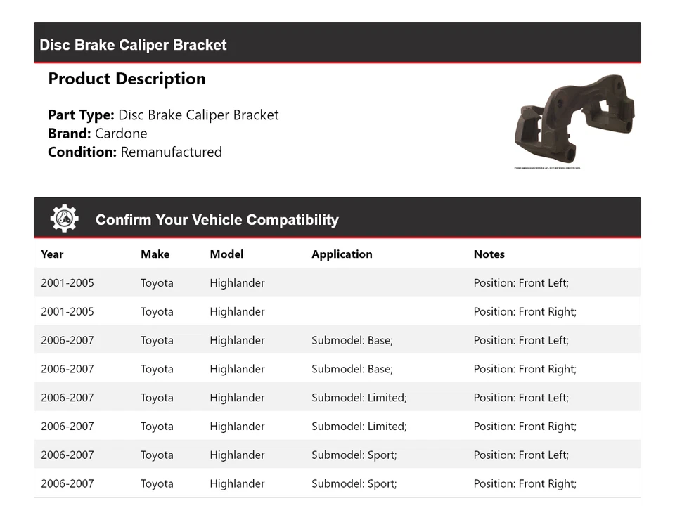 Soporte de pinza de freno de disco Cardone 2002 2003 para Toyota Highlander 2001-2007 Foto 2 de 4