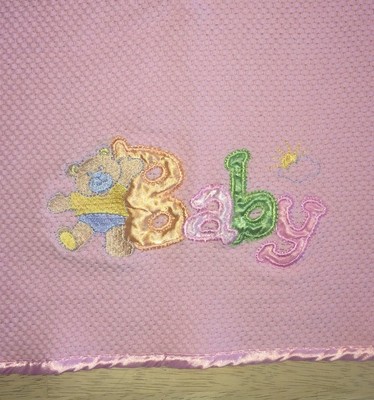 Pink Baby Blanket B A B Y Teddy Bear Embroidered Waffle Knit Satin Trim Edge Vtg