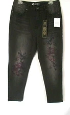 DG2 Diane Gilman Floral Painted Skinny Jeans Sz 12 Black 667425 Women CB19K