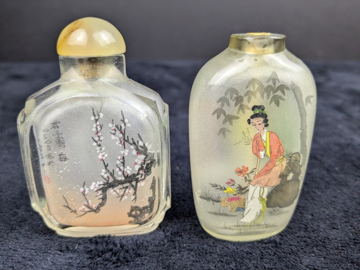 Pair Of Vintage Chinese Reverse Painted Glass Snuff Bottles Cherry
