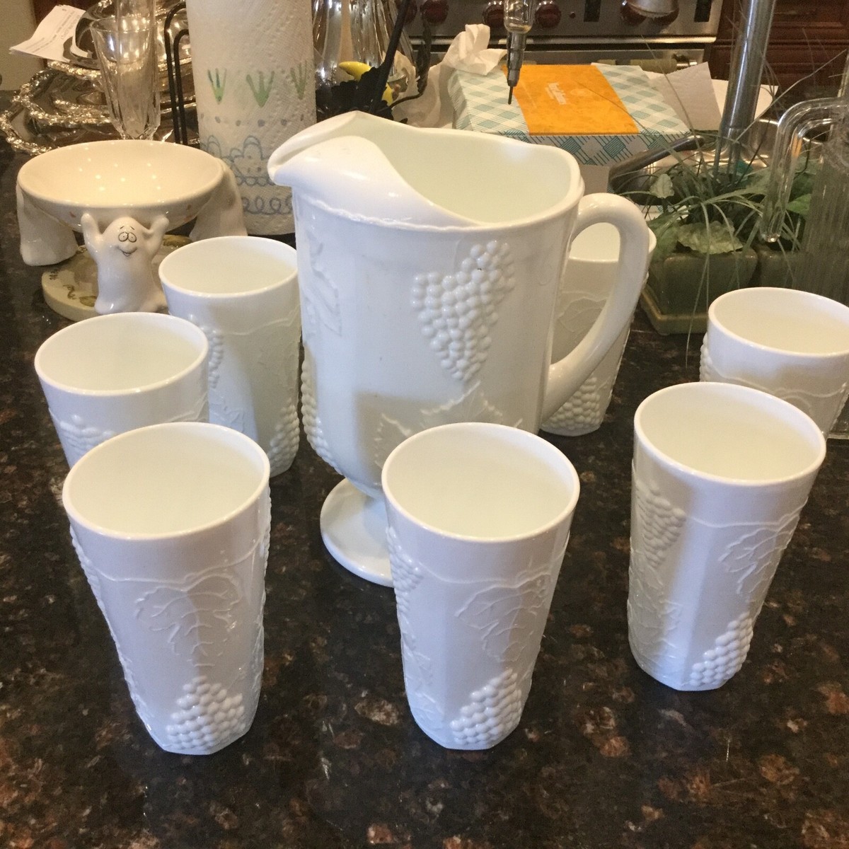 Vintage Milk Glass Harvest Grapevine Pedestal Pitcher & 8 Glasses
