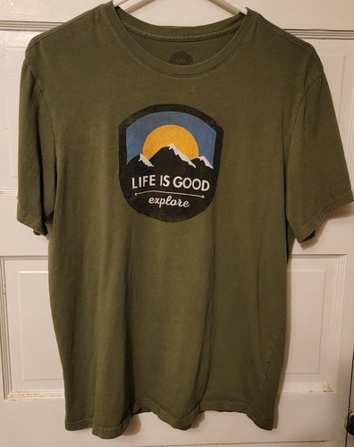 Men's Life is Good Explore Mountains Hike Green Tee