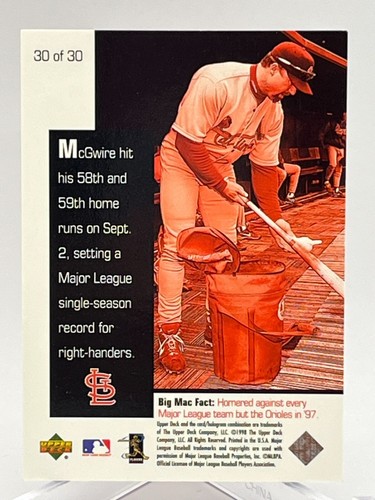 1998 Upper Deck Mark McGwire Chase for 62 LD Card #30/30 St. Louis Cardinals - Picture 2 of 2