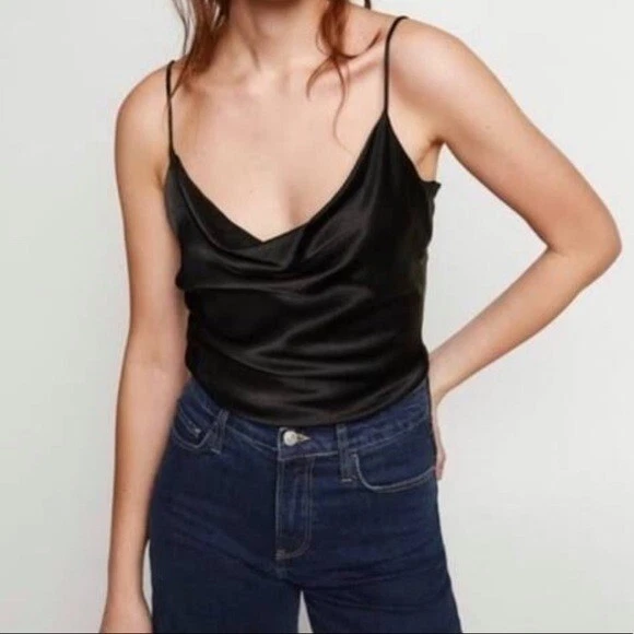 Zara Women's Black Satin Cowl Neck Tank Top Size Small