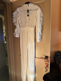 White Lace Long Sleeve Ruffle Wide-Leg Women's Jumpsuit Formal One-Piece