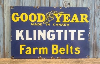Vintage Good Year Klingtite Farm Belts Porcelain Metal Dealer Sign Goodyear