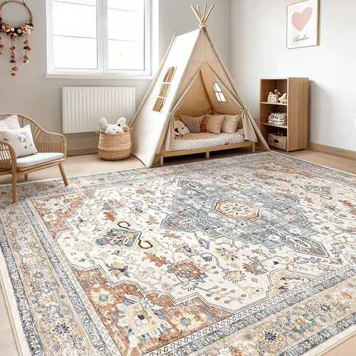10X14 Area Rugs Living Room: Washable Boho Large Neutral Vintage Soft Rug Stain  - Picture 5 of 12