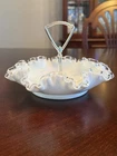 Vintage Fenton Silver Crest Handled Candy/BonBon Dish Ruffle Edge Milk Glass