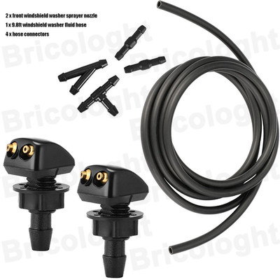 2Pcs Car Windshield Wiper Washer Water Spray Jet Nozzle + 9.8Ft Hose + Connector