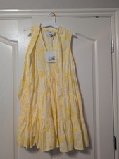Lisa Marie Fernandez Dress Yellow Floral Tiered Pockets Cotton Sleeveless Size S