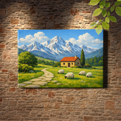 Snowy alpine countryside farmhouse Canvas Art stone home red roof scene