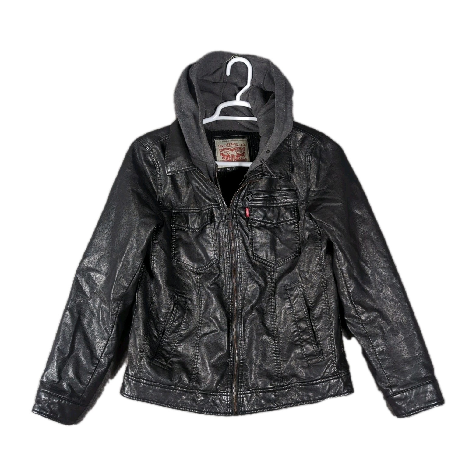 Levi's Faux Leather Moto Hoodie Jacket Hood Size S, Full Zip