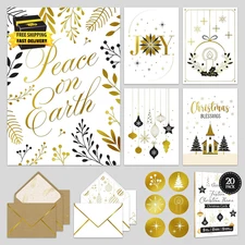 20 Pack Gold Foil Embossed 5X7In Festive Christian Christmas Cards with Envelope