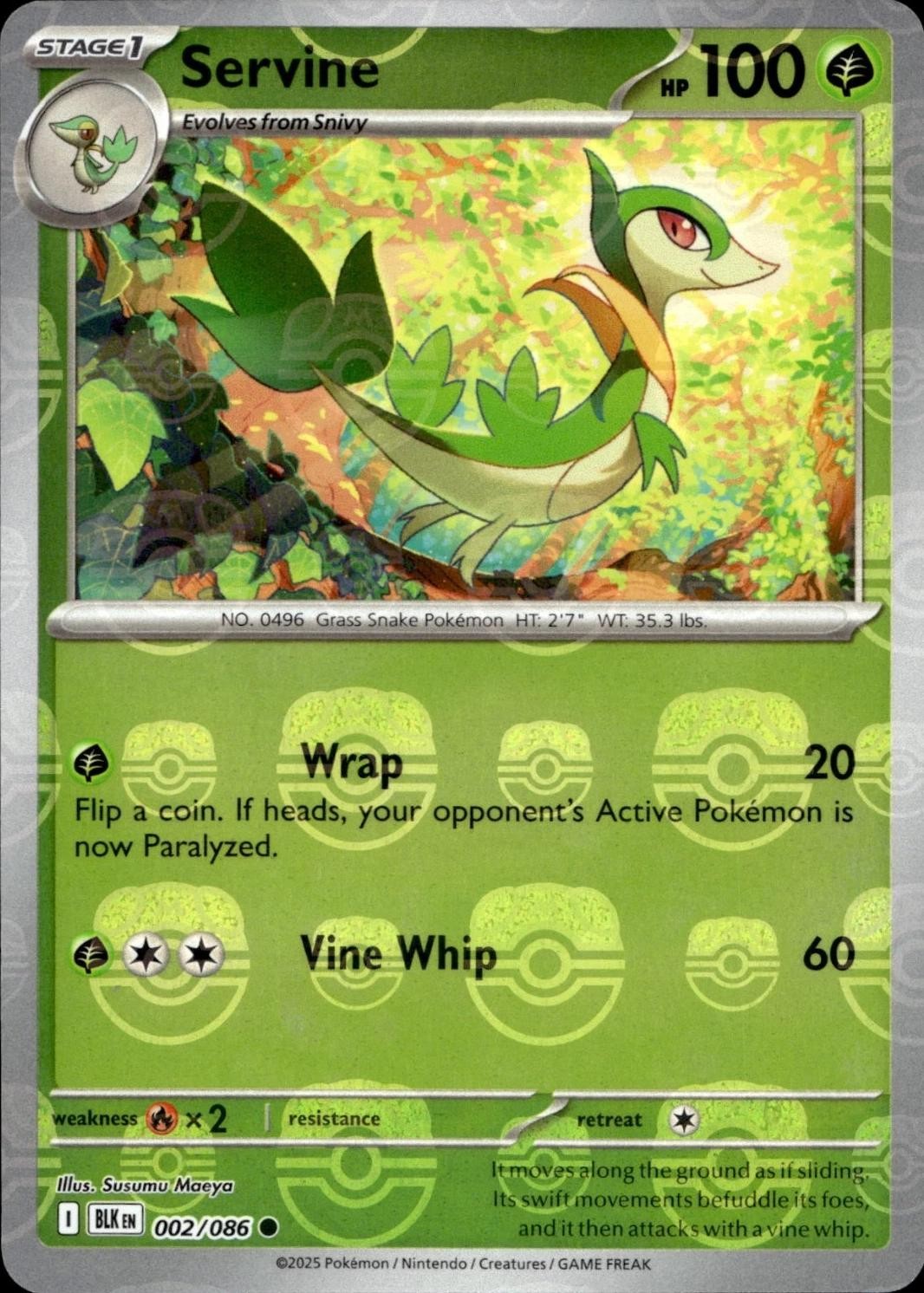 Servine 002/086 Master Ball Reverse Holo - Pokemon SV Black Bolt - NM