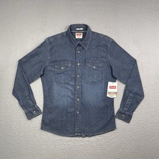 Wrangler Mens Med NWT Denim Indigo Western Pearl Snap Long Sleeve Jean Shirt