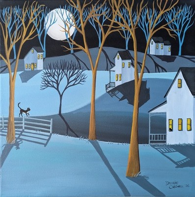 ORIGINAL PAINTING Folk Art Landscape Whimsical Tuxedo Cats Moon Blue Trees Night