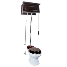 Dark Oak Finish High Tank Pull Chain Toilet Wooden Raised Tank Elongated