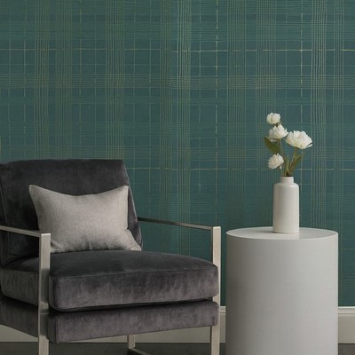 Matt dark green gold metallic lines faux fabric textured plaid modern wallpaper