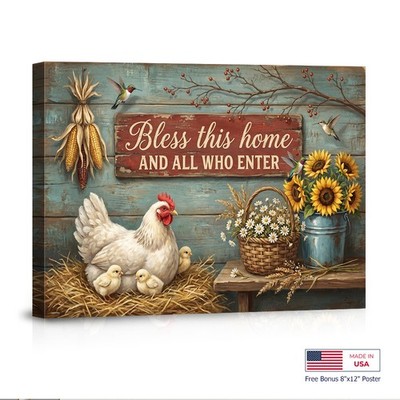 Bless This Home Wall Art Rustic Farmhouse Chicken Sunflower Kitchen USA Shipped
