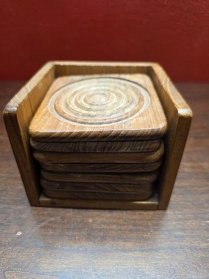 Goodwood Genuine Teak Wood 7 Square Coasters w Holder Thailand Wood Boho MCM